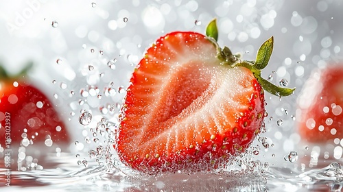 Obraz na płótnie Juicy halved strawberry splashing in water. w salonie
