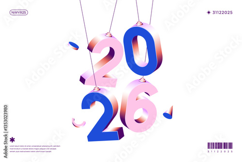 A vibrant and modern 3D design featuring the year 2026 in various gradient color