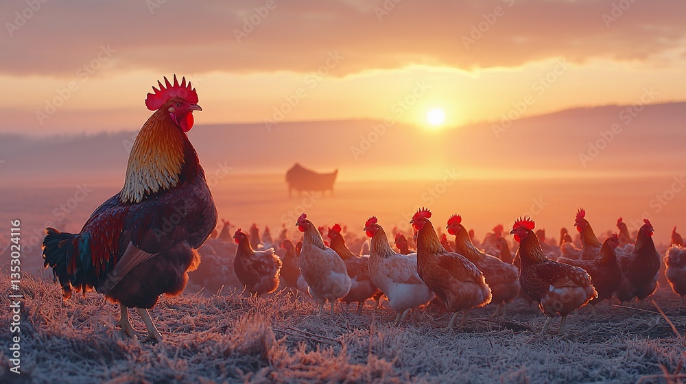 Majestic rooster leading hens at sunrise in frosty field.