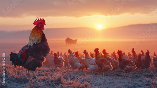 Obraz na płótnie Majestic rooster leading hens at sunrise in frosty field. w salonie
