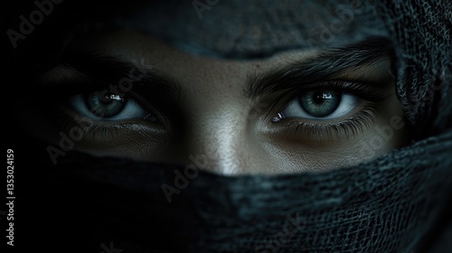 Close-up of intense eyes, veiled woman