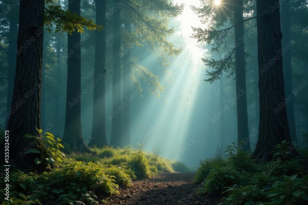 Obraz premium Misty veil rises from forest floor amidst towering trees, atmosphere, trees, mist