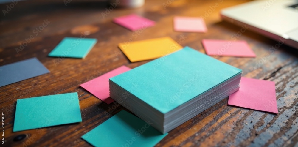 Fototapeta premium Multicolored business cards scattered on a wooden desk, cluttered, business cards