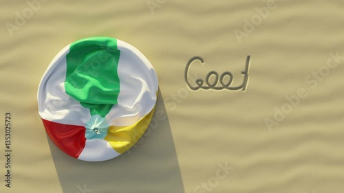 Top view of Goodbye summer written in wavy sand and deflated ball at beach during sunset. 3d animation, realistic render.