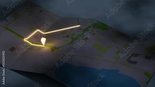 Glowing pointer movement on folded paper location map with city streets in nighttime. GPS navigation, route and location search. 3d animation, realistic render