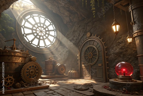Steampunk Sanctuary: Rustic Industrial Room with a Gear-Design Window & Enigmatic Red Orb photo