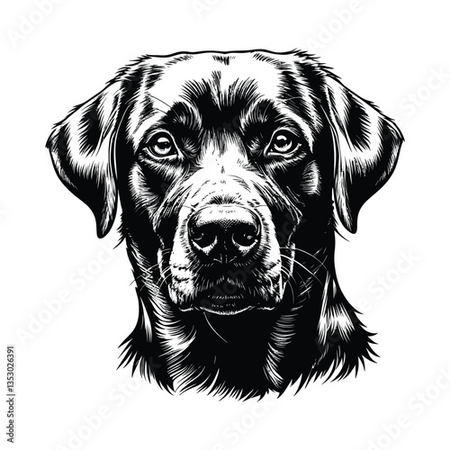 Realistic Labrador Dog Head Silhouette – Pet Art Design, Detailed Black and White Labrador Retriever Face Vector Illustration, Intricate Labrador Retriever Portrait – High-Contrast Vector Art, Dog
