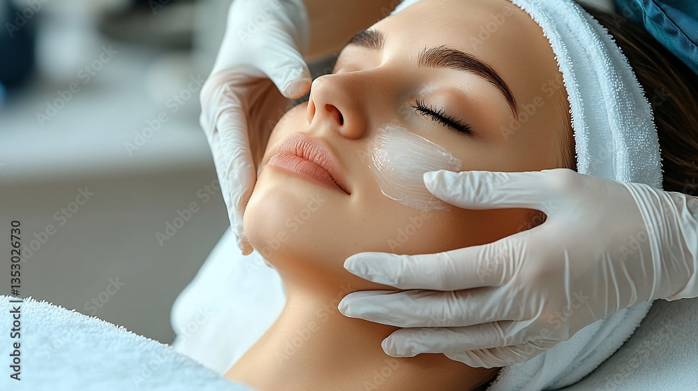 Close-up of a woman receiving a facial treatment.
