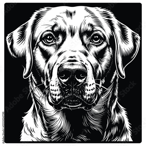 Realistic Labrador Dog Head Silhouette – Pet Art Design, Detailed Black and White Labrador Retriever Face Vector Illustration, Intricate Labrador Retriever Portrait – High-Contrast Vector Art, Dog
