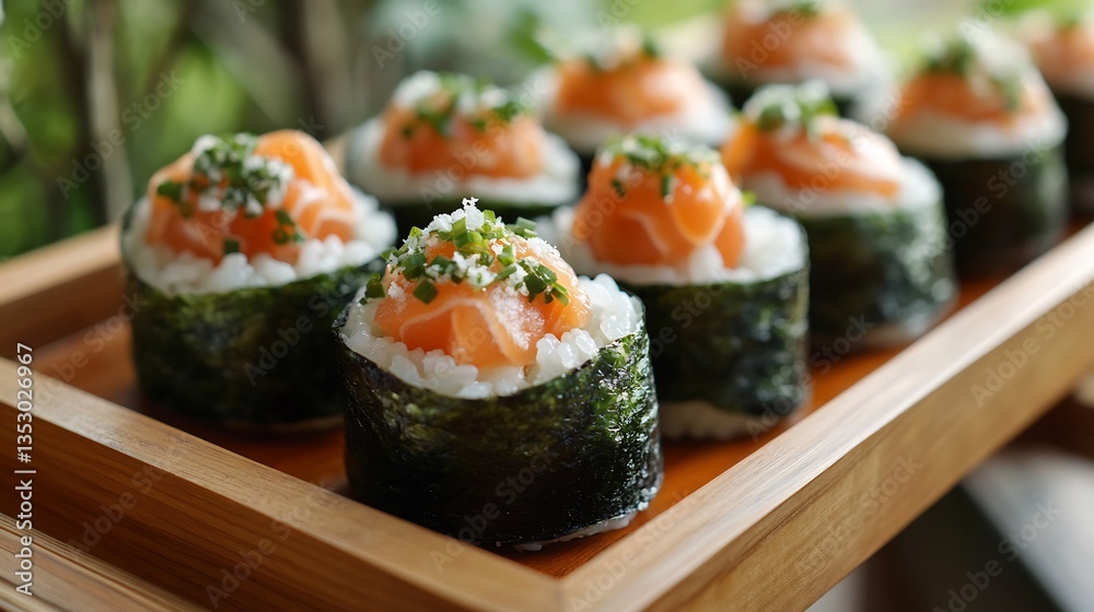 Japanese onigiri rice balls wrapped nori filled with salted salmon and displayed on a wooden tray for a simple snack Japanese onigiri rice balls wrapped nori filled with salted salmon and displayed on a wooden tray for a simple snack