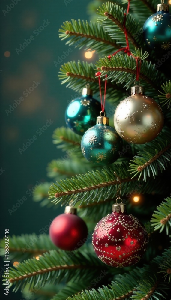 Ornamented tree branch with glass balls and pinecones, Christmas, forest Ornamented tree branch with glass balls and pinecones, Christmas, forest