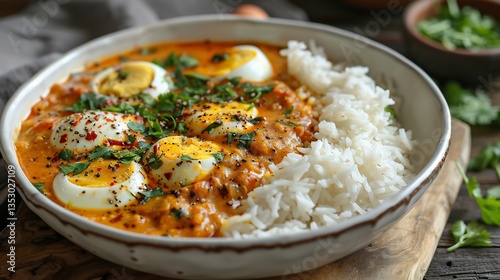 Sri Lankan egg curry coconut gravy plated in white ceramic with rice on the side
