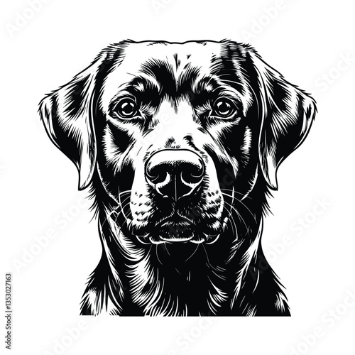 Realistic Labrador Dog Head Silhouette – Pet Art Design, Detailed Black and White Labrador Retriever Face Vector Illustration, Intricate Labrador Retriever Portrait – High-Contrast Vector Art, Dog