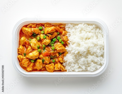 Chicken curry with rice in a disposable container photo