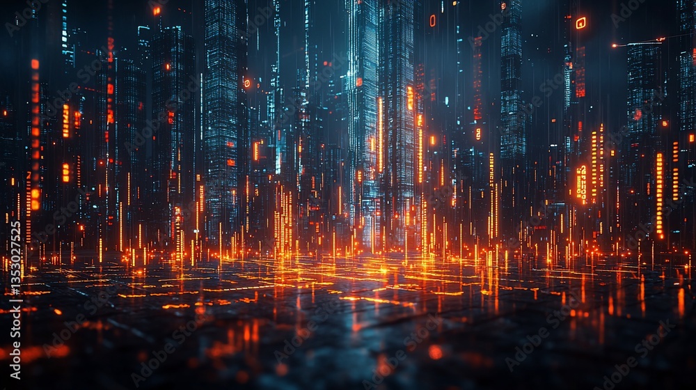 Futuristic city at night with glowing skyscrapers and digital data streams.