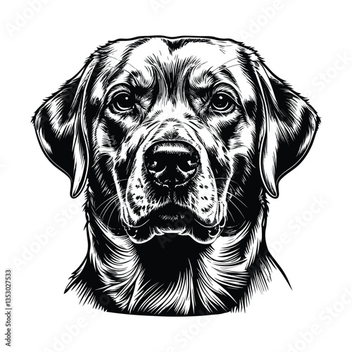 Realistic Labrador Dog Head Silhouette – Pet Art Design, Detailed Black and White Labrador Retriever Face Vector Illustration, Intricate Labrador Retriever Portrait – High-Contrast Vector Art, Dog