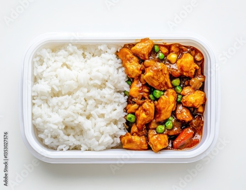 Meal prep container with rice and chicken stir-fry