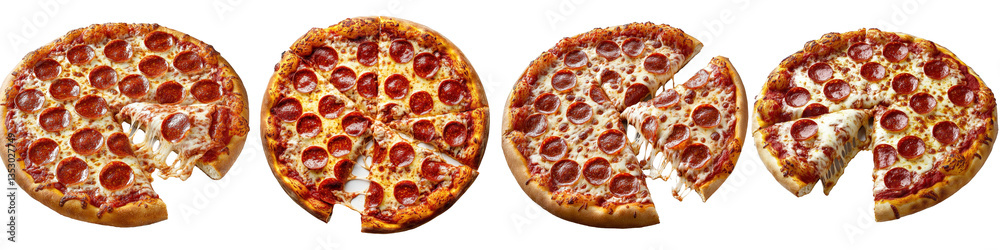 Four pepperoni pizzas each missing one slice with melted cheese and red sauce on golden crusts. Four pepperoni pizzas each missing one slice with melted cheese and red sauce on golden crusts.