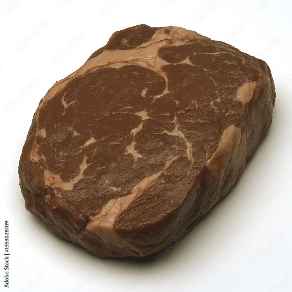 A large raw cut of beef sits on a white surface A large raw cut of beef sits on a white surface