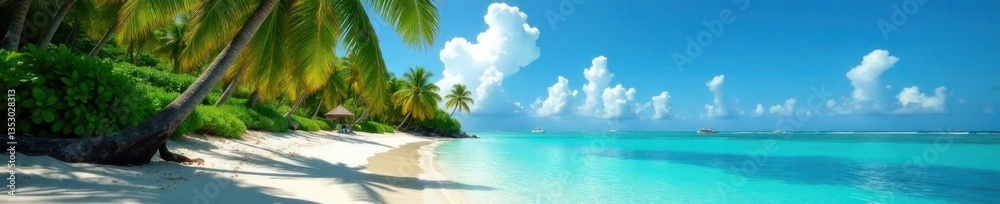 Obraz premium Palm tree-lined tropical coast with turquoise water, turquoise sea, sandy shore, sunlit beach
