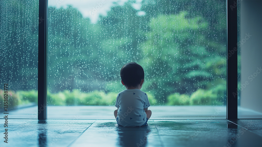 Fototapeta premium 雨音に耳を澄ます園児と窓のしずくが描く静けさ