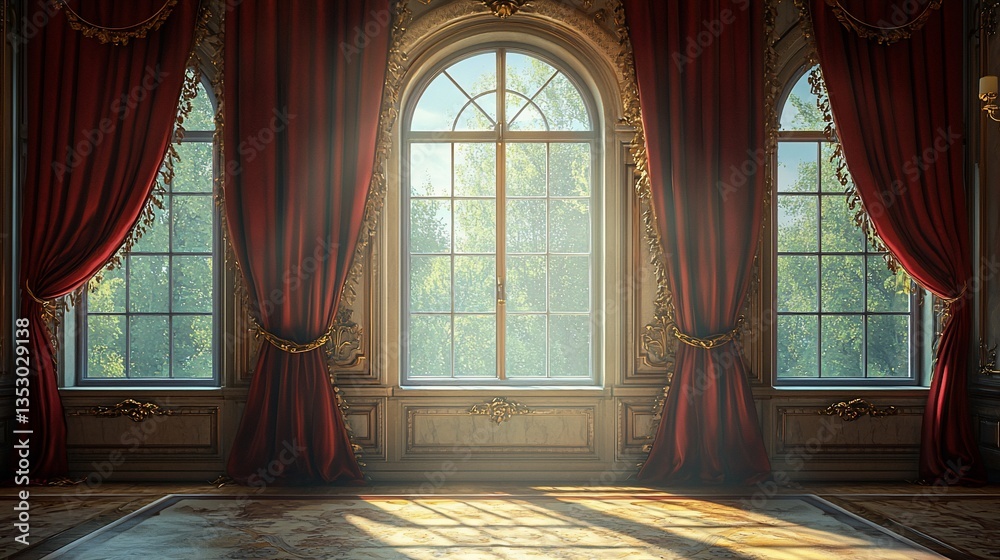 Sunlit opulent room with arched windows and red velvet curtains.
