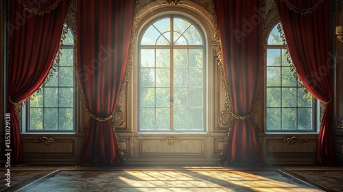 Obraz na płótnie Sunlit opulent room with arched windows and red velvet curtains. w salonie