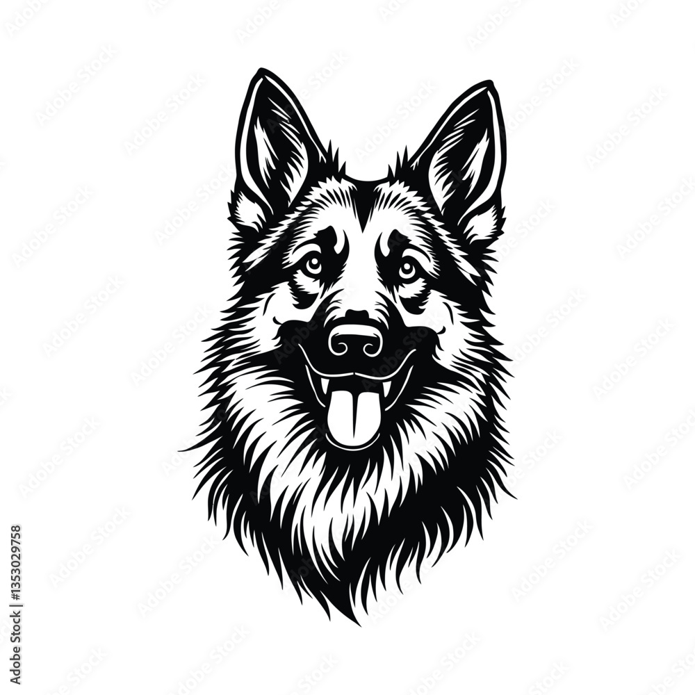 Naklejka premium Realistic Labrador Dog Head Silhouette – Pet Art Design, Intricate Labrador Retriever Portrait – High-Contrast Vector Art, Detailed Black and White Labrador Retriever Face Vector Illustration