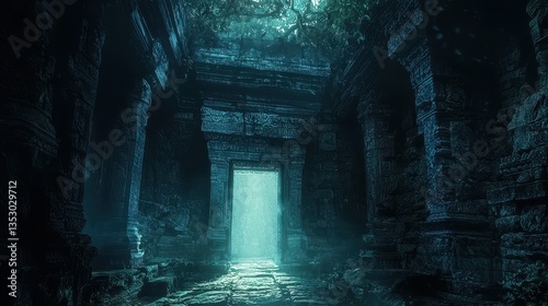 Mysterious ancient temple entrance beckons with ethereal light, revealing a forgotten path shrouded in mist and overgrown foliage. photo