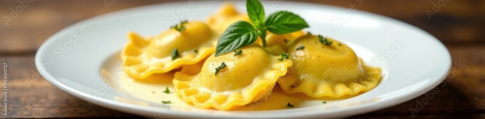 Ravioli filled with creamy ricotta mixture on a white plate , cream, ricotta Ravioli filled with creamy ricotta mixture on a white plate , cream, ricotta