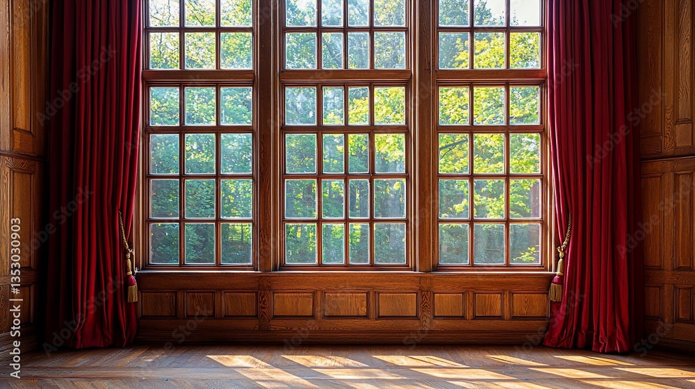 Sunlit room with large wooden window and red curtains.