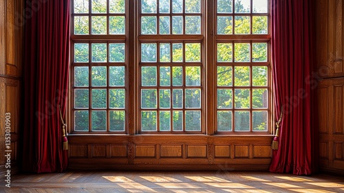 Obraz na płótnie Sunlit room with large wooden window and red curtains. w salonie