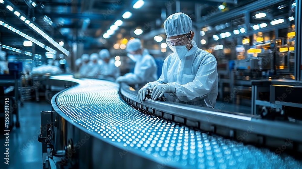 Factory workers in sterile suits inspect products on a conveyor belt.
