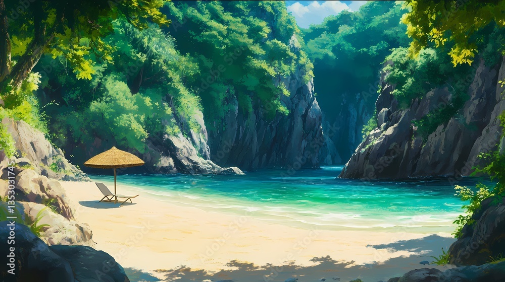 Obraz premium A tranquil beach cove with turquoise water, a sandy shore, and a straw umbrella under a canopy of lush green cliffs.