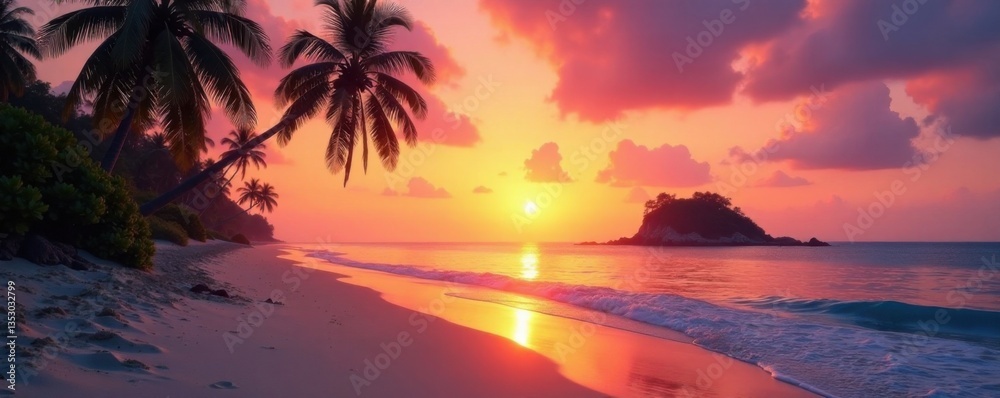 Sandy beach at sunset with palm trees and island on horizon, beach, scenery Sandy beach at sunset with palm trees and island on horizon, beach, scenery
