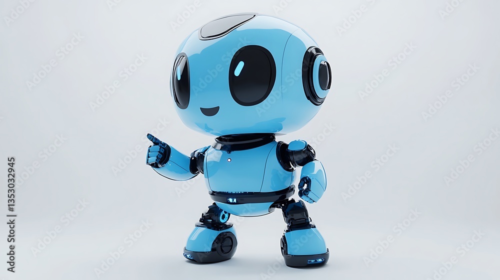 A friendly looking blue robot pointing with its right index finger A friendly looking blue robot pointing with its right index finger