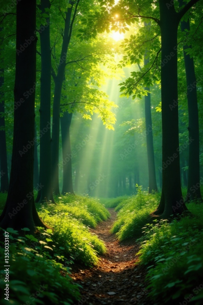 Obraz premium Serene and peaceful forest scene with sunlight peeking through the canopy, forest, woodland