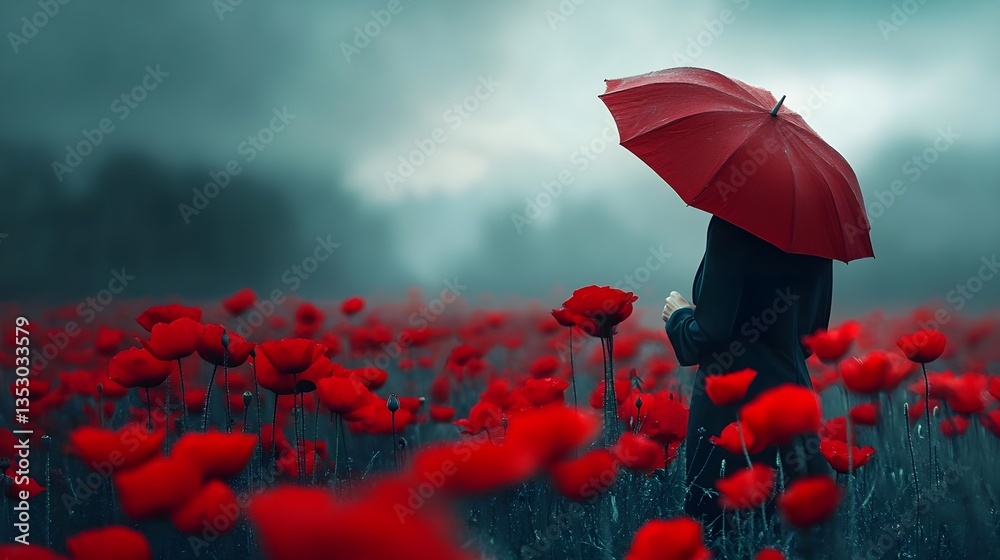 Obraz premium Poppy Field Solitude: A solitary figure shelters beneath a vibrant red umbrella, wandering through a vast field of crimson poppies on a foggy, atmospheric day. 