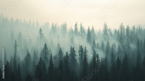 煙に消える杉林と山火事の遠景