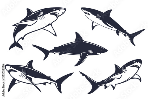 Powerful Shark Silhouettes Set Against a White Background