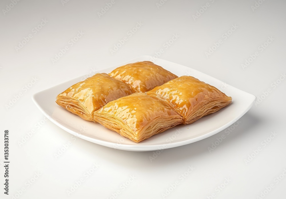 Delicious Layers of Sweet Baklava on White Plate with Glossy Honey Syrup Drizzling Over Crispy Phyllo Pastry for Dessert Delight Delicious Layers of Sweet Baklava on White Plate with Glossy Honey Syrup Drizzling Over Crispy Phyllo Pastry for Dessert Delight