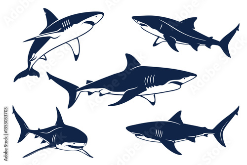 Powerful Shark Silhouettes Set Against a White Background