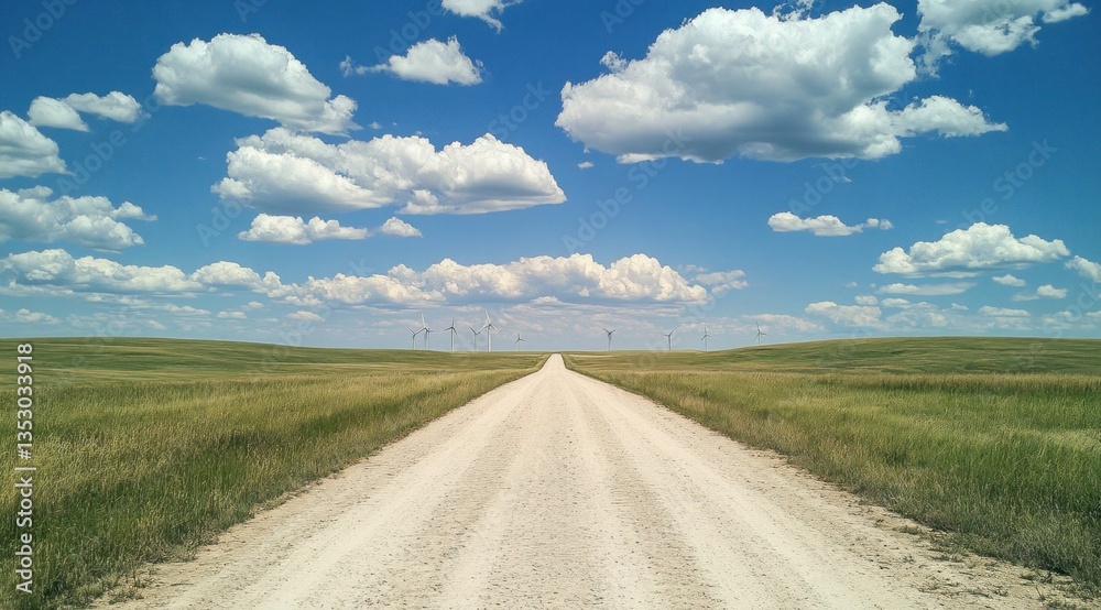 Fototapeta premium A long dusty road leads through grassy fields under clouds