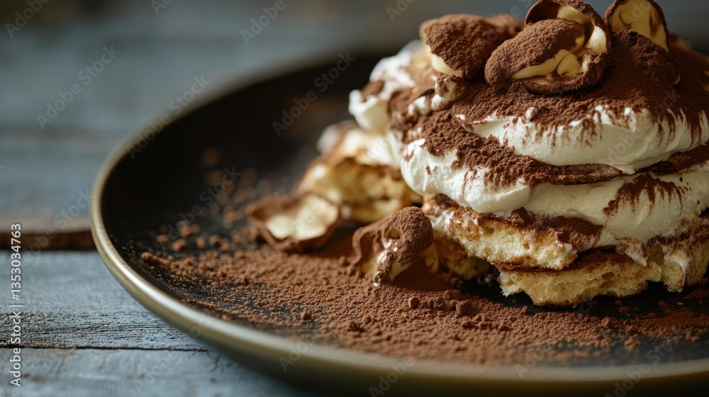Delicious Tiramisu Dessert with Whipped Cream and Cocoa Powder on a Dark Plate