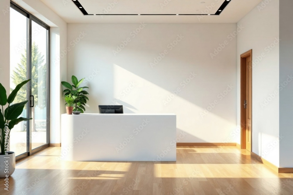 Fototapeta premium Simple modern reception area with white walls and wooden floor, counter, luxury