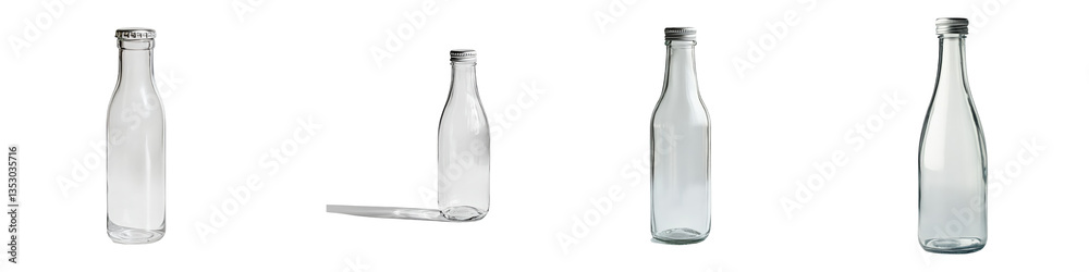 Four clear glass bottles with metallic caps stand in a row at varying angles showcasing their shapes and designs. Four clear glass bottles with metallic caps stand in a row at varying angles showcasing their shapes and designs.