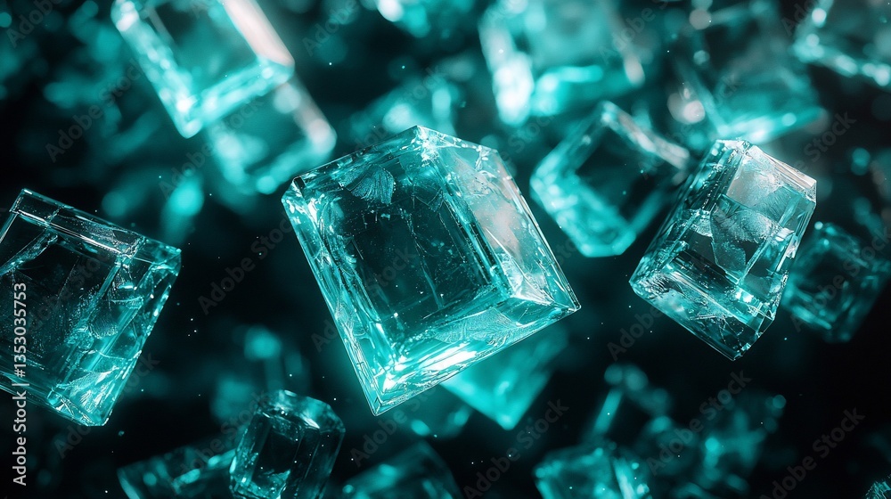 Teal glowing crystal cubes falling on black background.