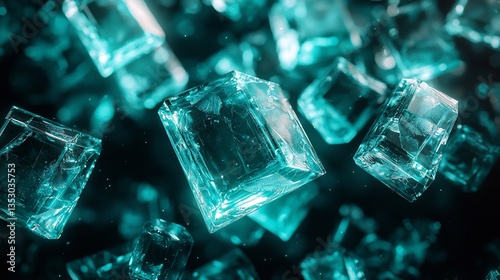 Teal glowing crystal cubes falling on black background.
