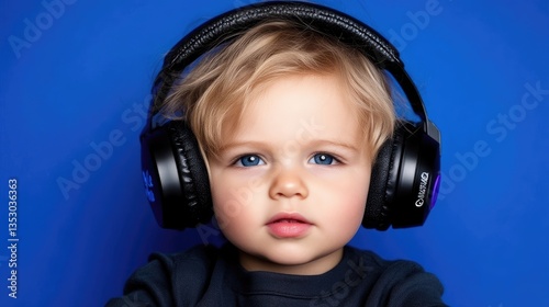 Adorable toddler wearing headphones.  Close-up portrait against a bold blue backdrop.  Focused expression and bright eyes.  Stylish and modern