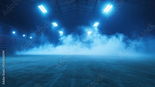 Desolate rodeo arena illuminated by bright lights and lingering smoke. Concept Rodeo Arena, Bright Lights, Smoke, Desolate Setting.